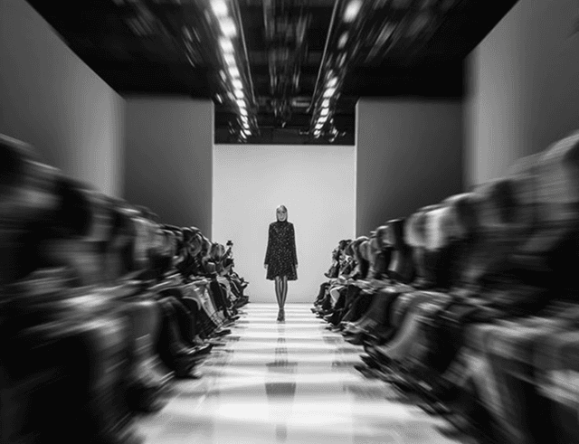 Model walking the runway, motion blur